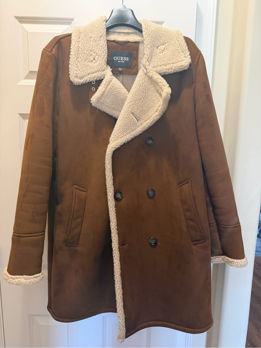 GUESS Brown Coat with Cream Sherpa Trim